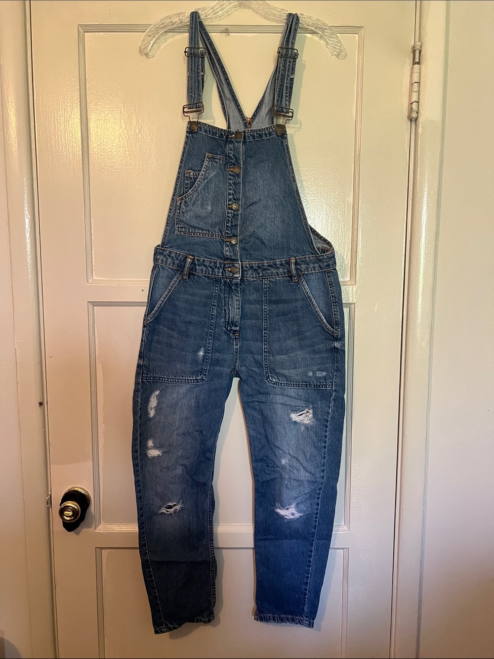 Zara Women’s Blue Distressed Denim Overalls